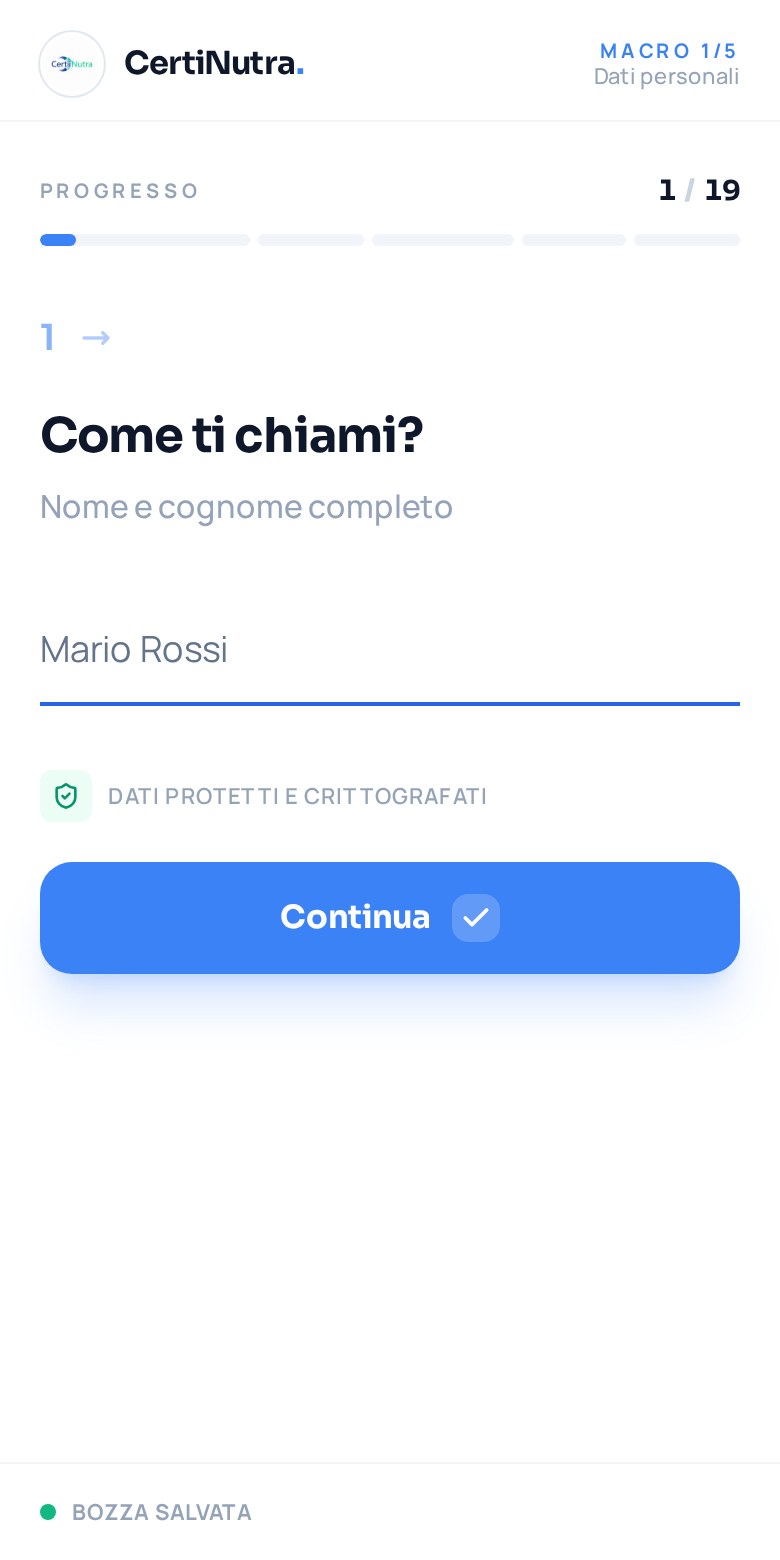 Questionario CertiNutra su mobile con progresso e campo nome