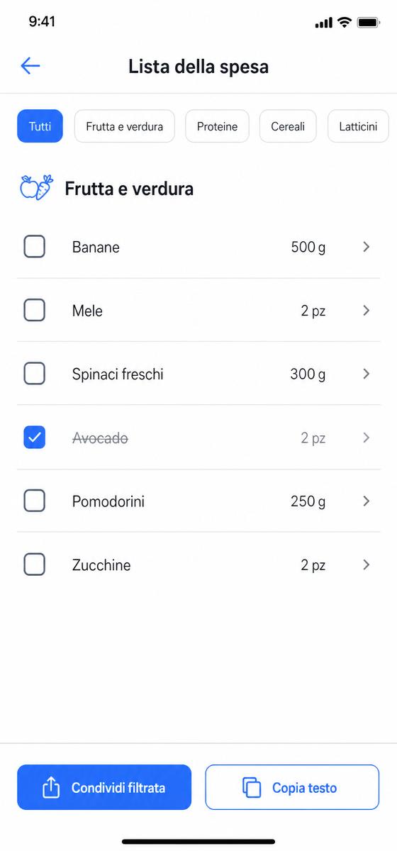 Lista della spesa su mobile con filtri per reparto e pulsanti di condivisione
